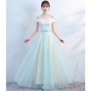 NEW Green/Cream Floral Off Shoulder Formal Dress